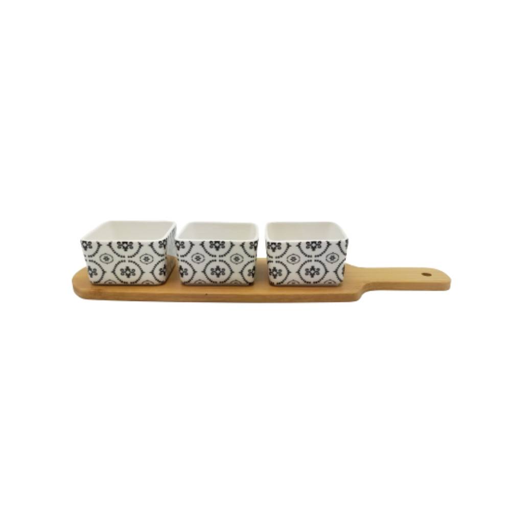~ Set apéritif tapas 3 verrines en bambou et céramique blanc et marron 36.5 x 10 cm Chemin de campagne - Image 1