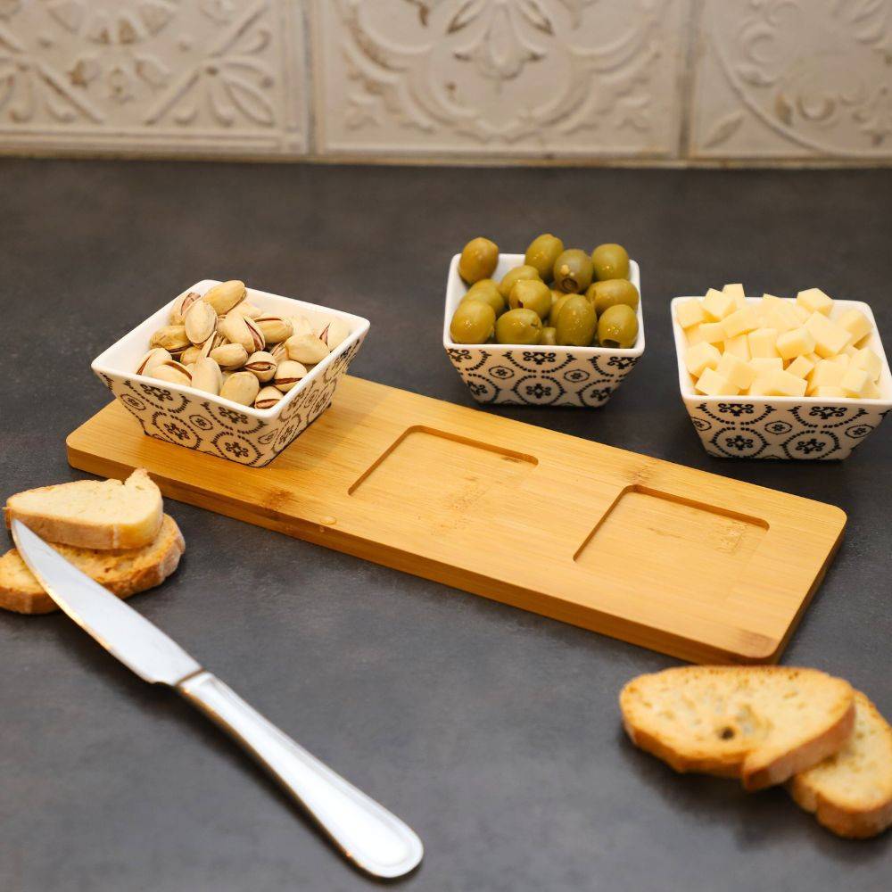 ~ Set apéritif tapas 3 verrines en bambou et céramique blanc et marron 36.5 x 10 cm Chemin de campagne - Image 4