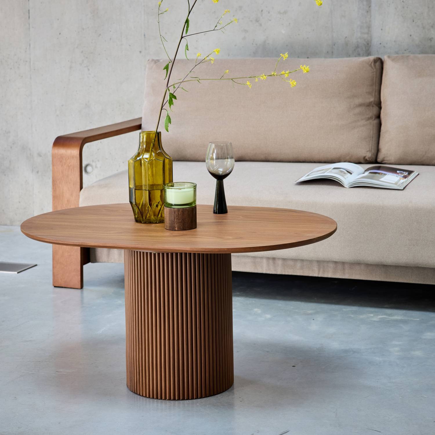sweeek - Table basse oblongue décor bois sculpté 90cm. couleur noyer | sweeek - Image 1