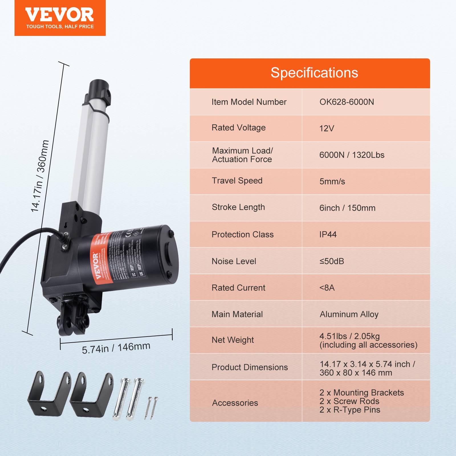 VEVOR Actionneur linéaire 12V 150mm 6000N 5mm/s, IP44, pour portes électriques, machines industrielles, navires. - Image 7