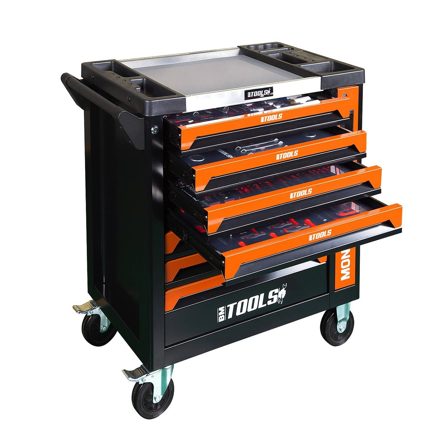 Servante d'atelier BM TOOLS 9/7 MONSTER-EDITION-ORANGE 7 tiroirs pleins, 1 porte & 1 tiroir vertical - 257 outils, Sur roulettes - Image 2