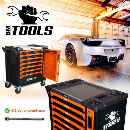 Servante d'atelier BM TOOLS 9/7 MONSTER-EDITION-ORANGE 7 tiroirs pleins, 1 porte & 1 tiroir vertical - 257 outils, Sur roulettes - Image 3