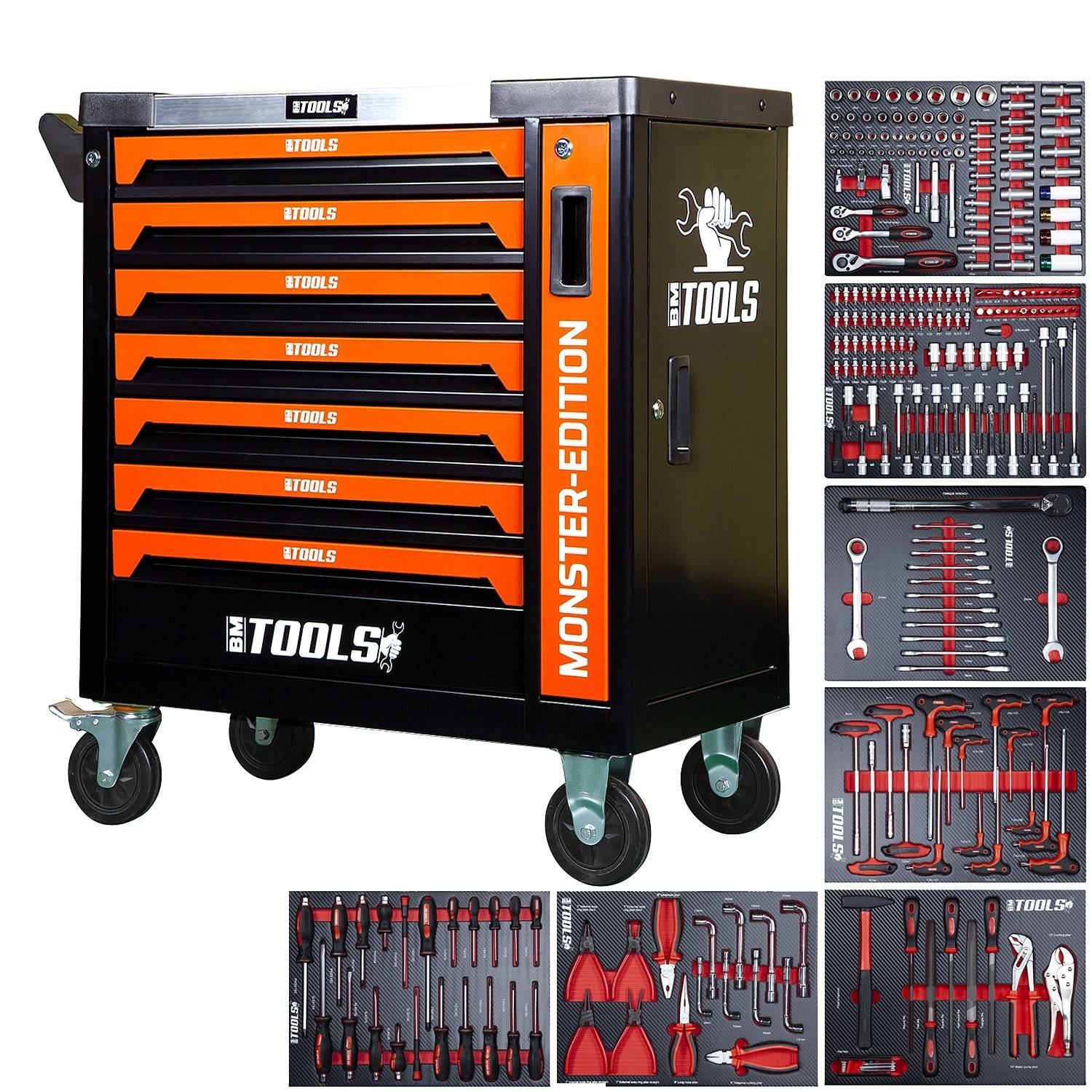 Servante d'atelier BM TOOLS 9/7 MONSTER-EDITION-ORANGE 7 tiroirs pleins, 1 porte & 1 tiroir vertical - 257 outils, Sur roulettes - Image 1