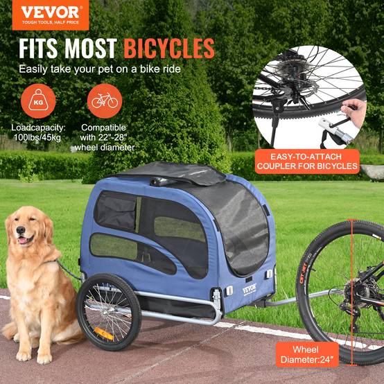 Remorque vélo chien pliable charge 45 kg, cadre pliant, roues dégagement rapide, coupleur universel, bleu/noir. - Image 2