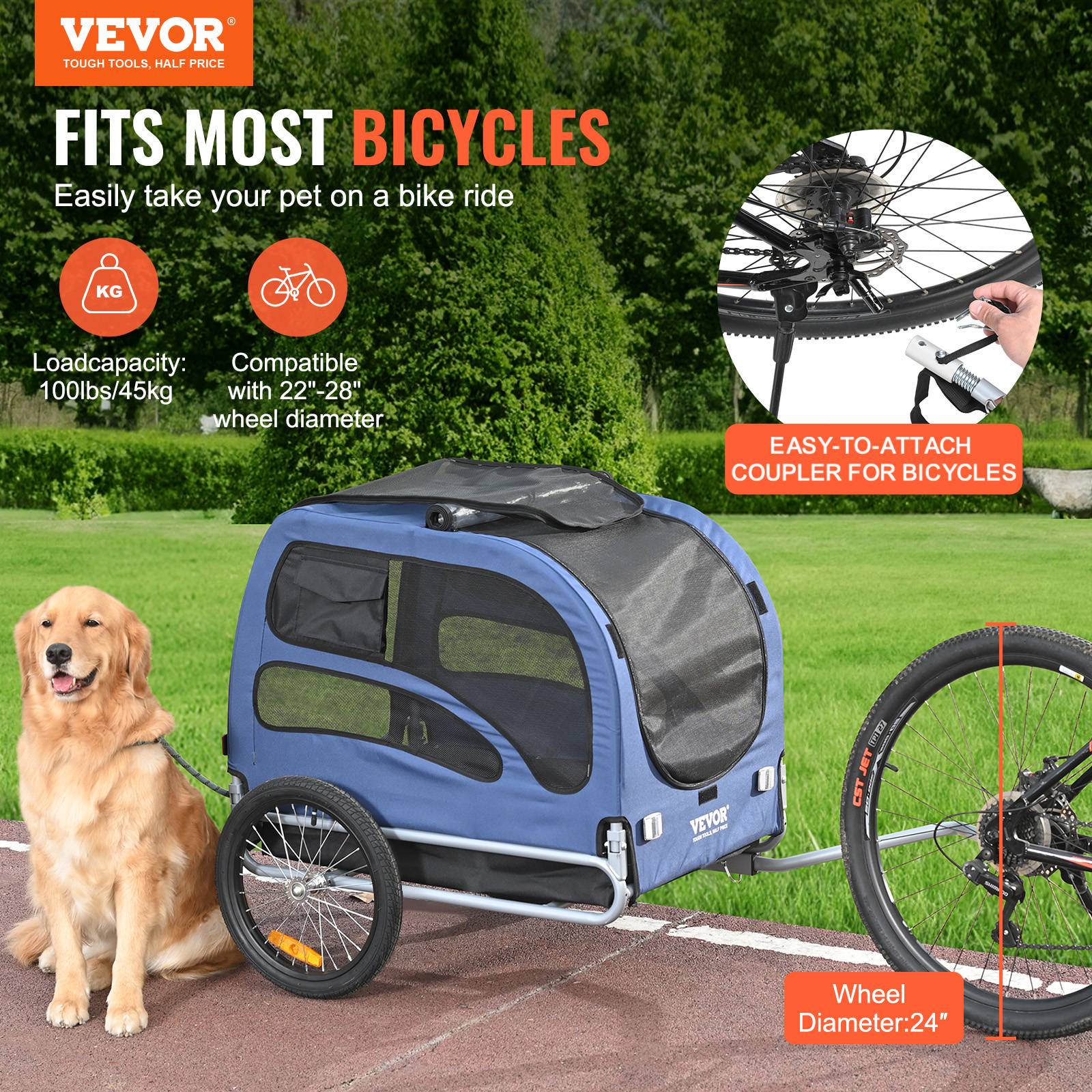 Remorque vélo chien pliable charge 45 kg, cadre pliant, roues dégagement rapide, coupleur universel, bleu/noir. - Image 2