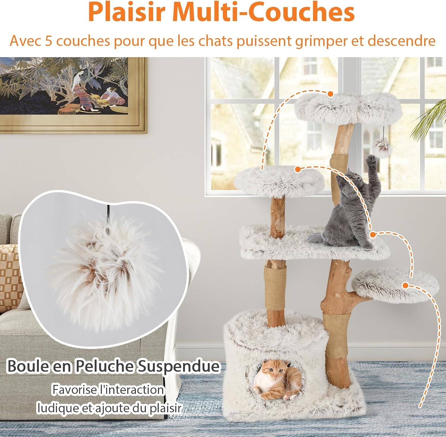 Arbre a Chat XXL 135 cm, Arbre a Chat Bois Massif, 4 Plateformes, 3 Poteaux à Griffer en Jute, Bois de Poirier, Tissu Peluche, 60x45x135 cm - Image 7