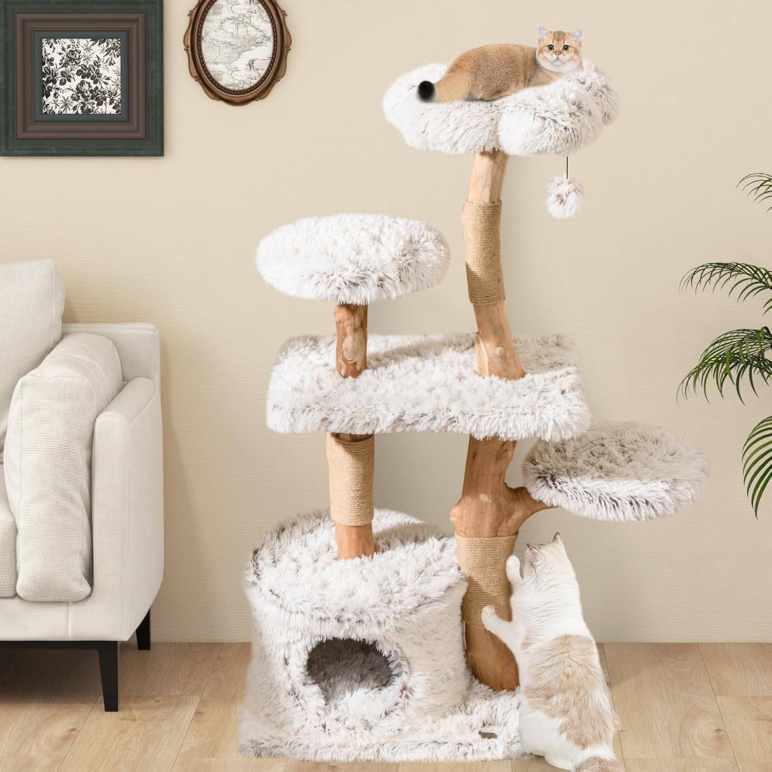 Arbre a Chat XXL 135 cm, Arbre a Chat Bois Massif, 4 Plateformes, 3 Poteaux à Griffer en Jute, Bois de Poirier, Tissu Peluche, 60x45x135 cm - Image 3