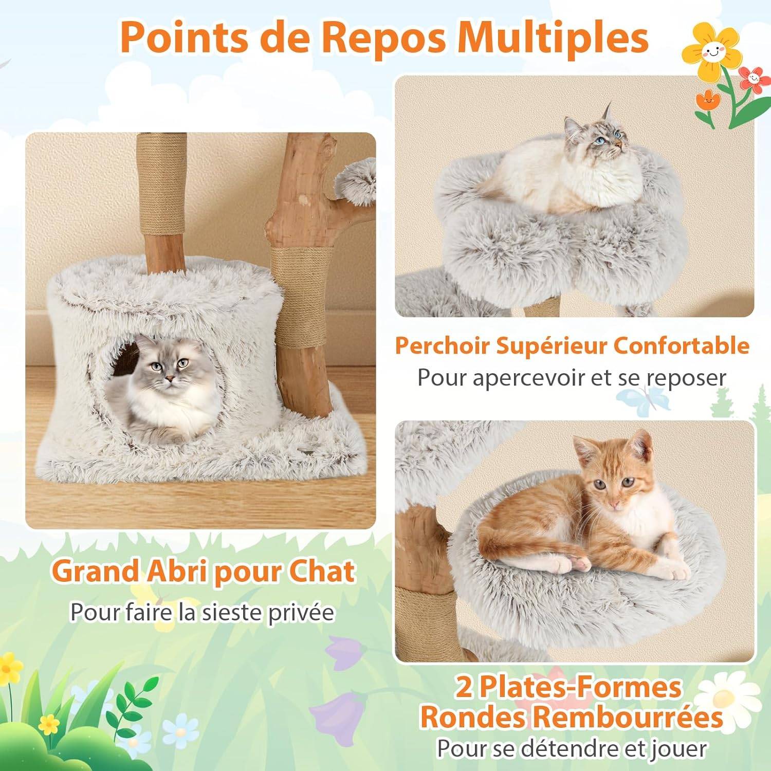 Arbre a Chat XXL 135 cm, Arbre a Chat Bois Massif, 4 Plateformes, 3 Poteaux à Griffer en Jute, Bois de Poirier, Tissu Peluche, 60x45x135 cm - Image 6