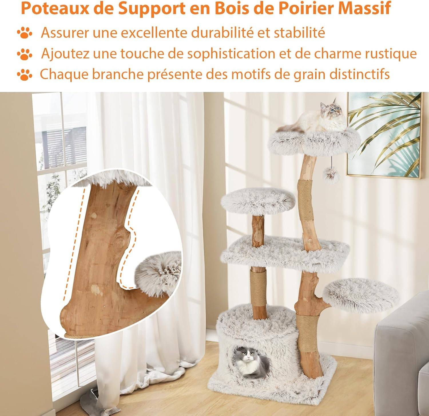 Arbre a Chat XXL 135 cm, Arbre a Chat Bois Massif, 4 Plateformes, 3 Poteaux à Griffer en Jute, Bois de Poirier, Tissu Peluche, 60x45x135 cm - Image 5