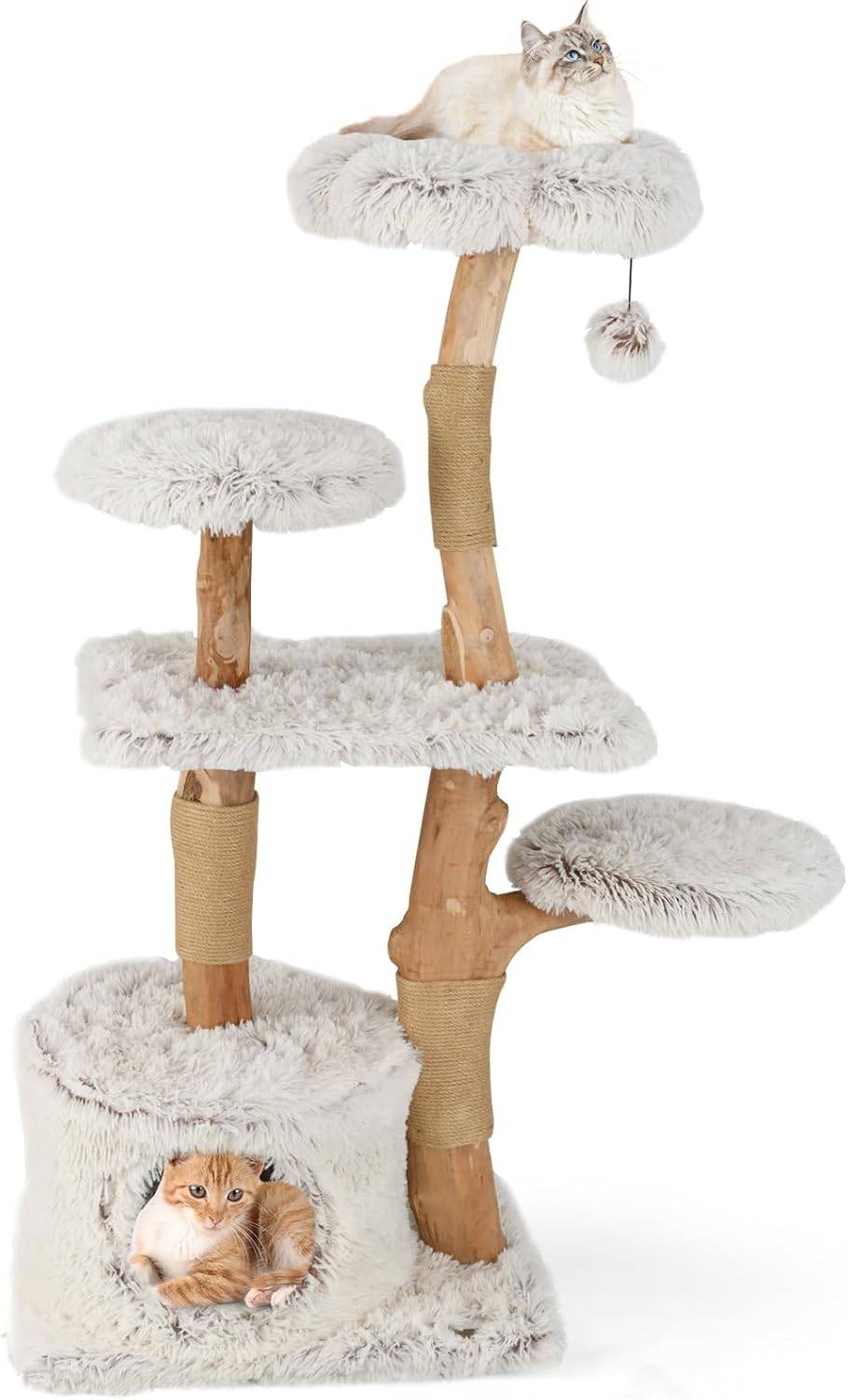 Arbre a Chat XXL 135 cm, Arbre a Chat Bois Massif, 4 Plateformes, 3 Poteaux à Griffer en Jute, Bois de Poirier, Tissu Peluche, 60x45x135 cm - Image 1