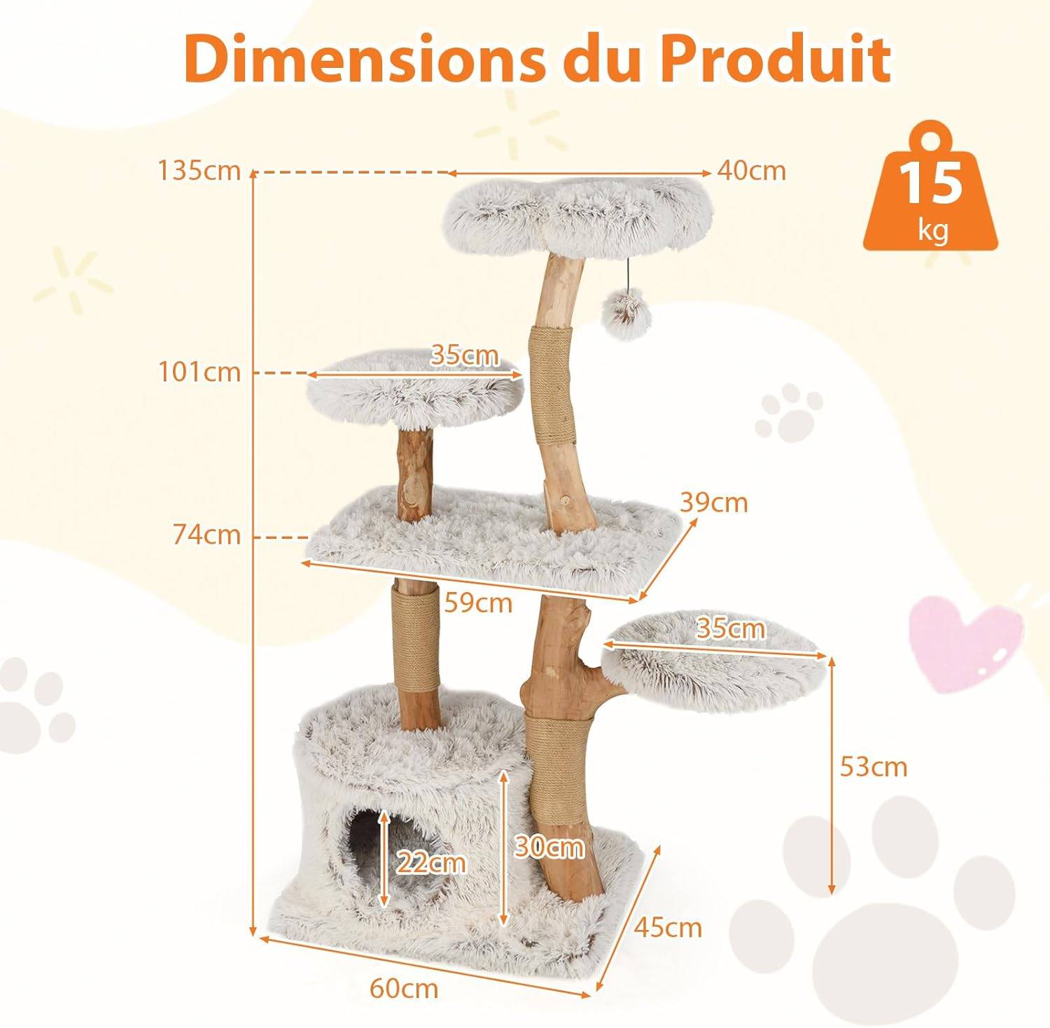 Arbre a Chat XXL 135 cm, Arbre a Chat Bois Massif, 4 Plateformes, 3 Poteaux à Griffer en Jute, Bois de Poirier, Tissu Peluche, 60x45x135 cm - Image 4
