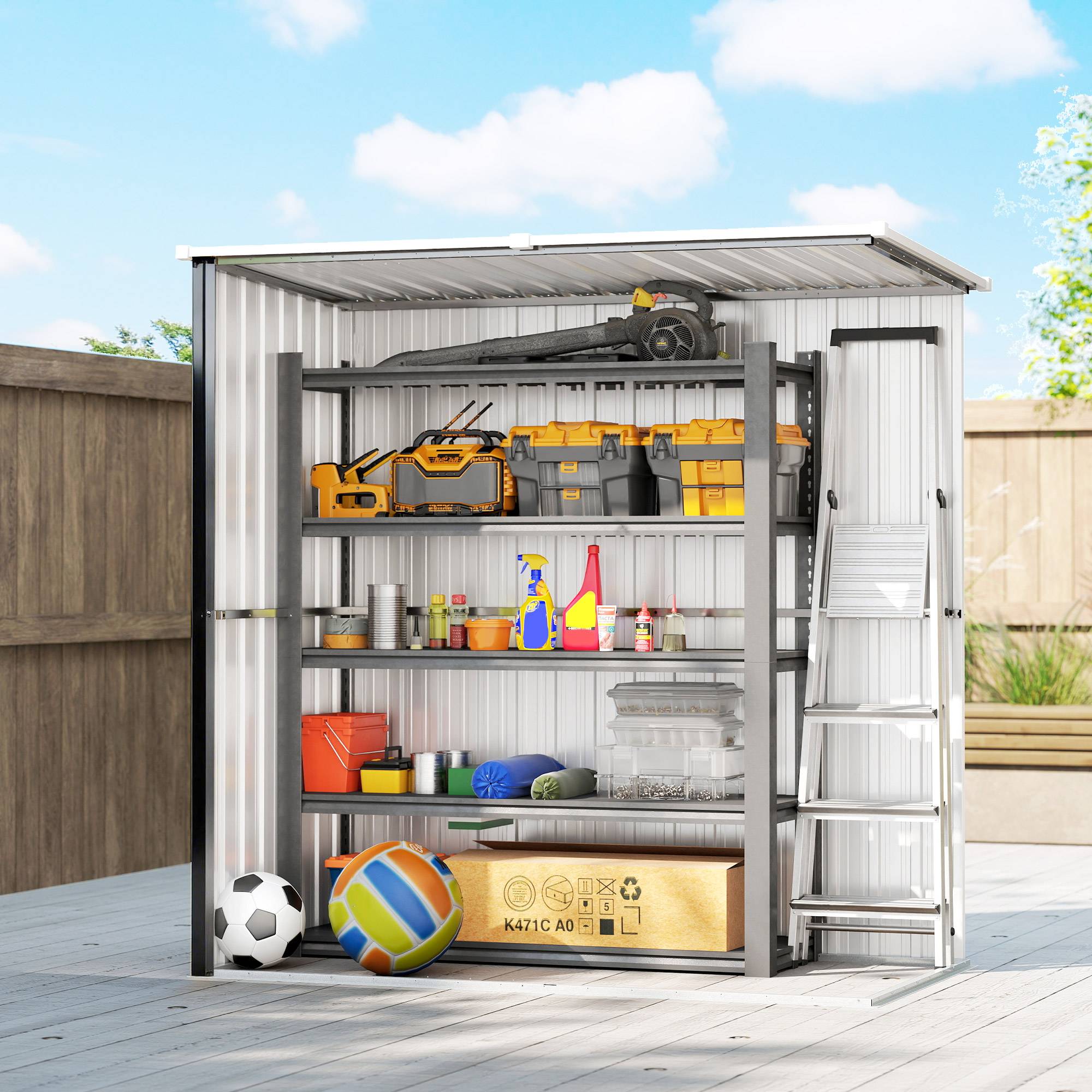 Abri de jardin extérieur en métal 1,37 m² (163 x 89 x 163 cm) avec toit incliné, portes avec loquets et poignées, gris - Image 9