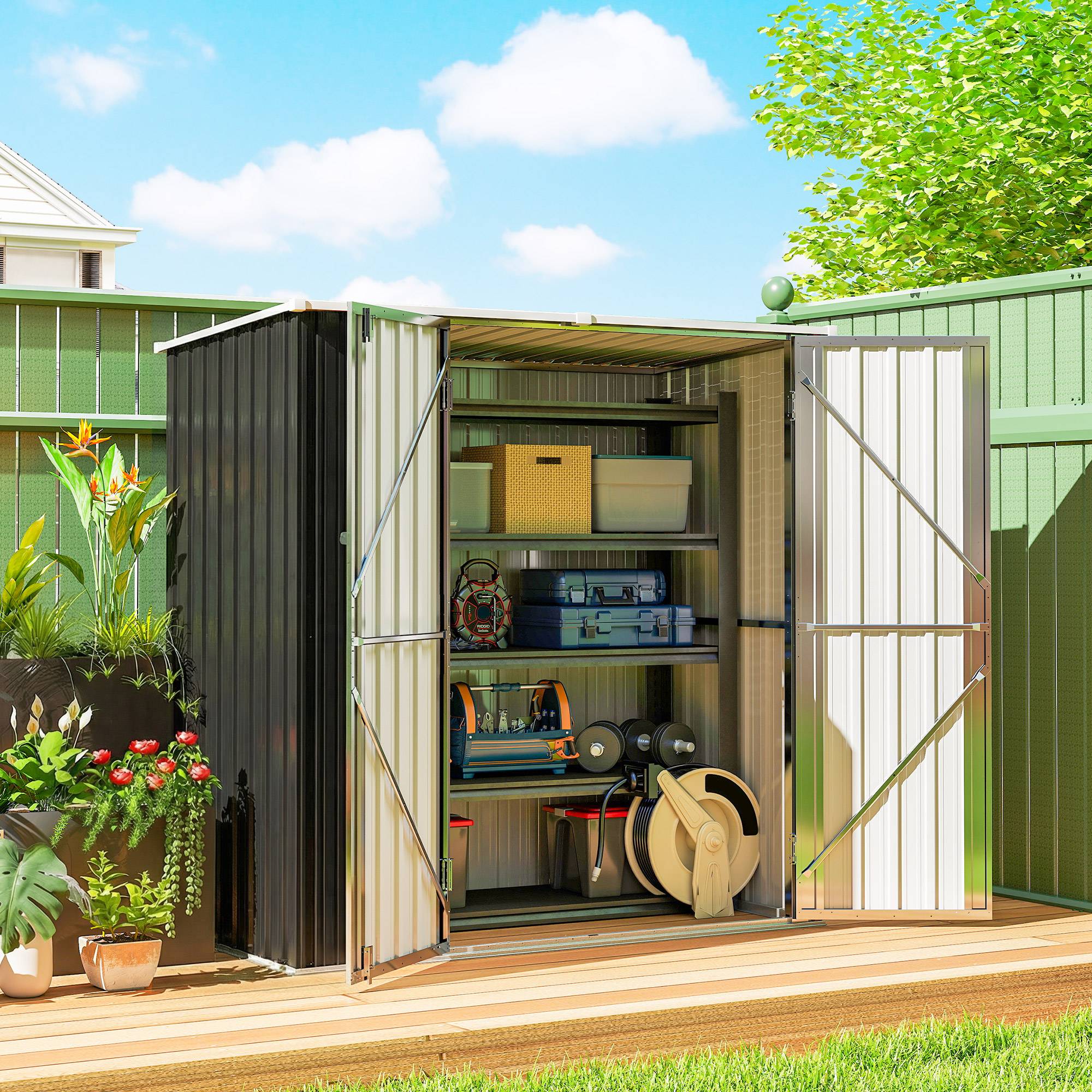 Abri de jardin extérieur en métal 1,37 m² (163 x 89 x 163 cm) avec toit incliné, portes avec loquets et poignées, gris - Image 3