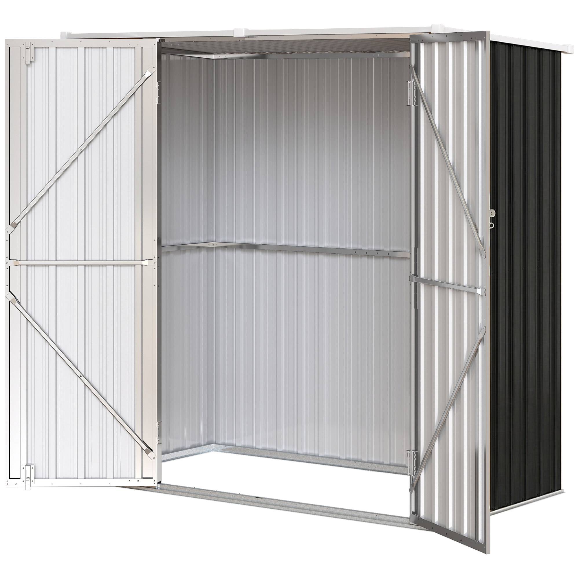 Abri de jardin extérieur en métal 1,37 m² (163 x 89 x 163 cm) avec toit incliné, portes avec loquets et poignées, gris - Image 2