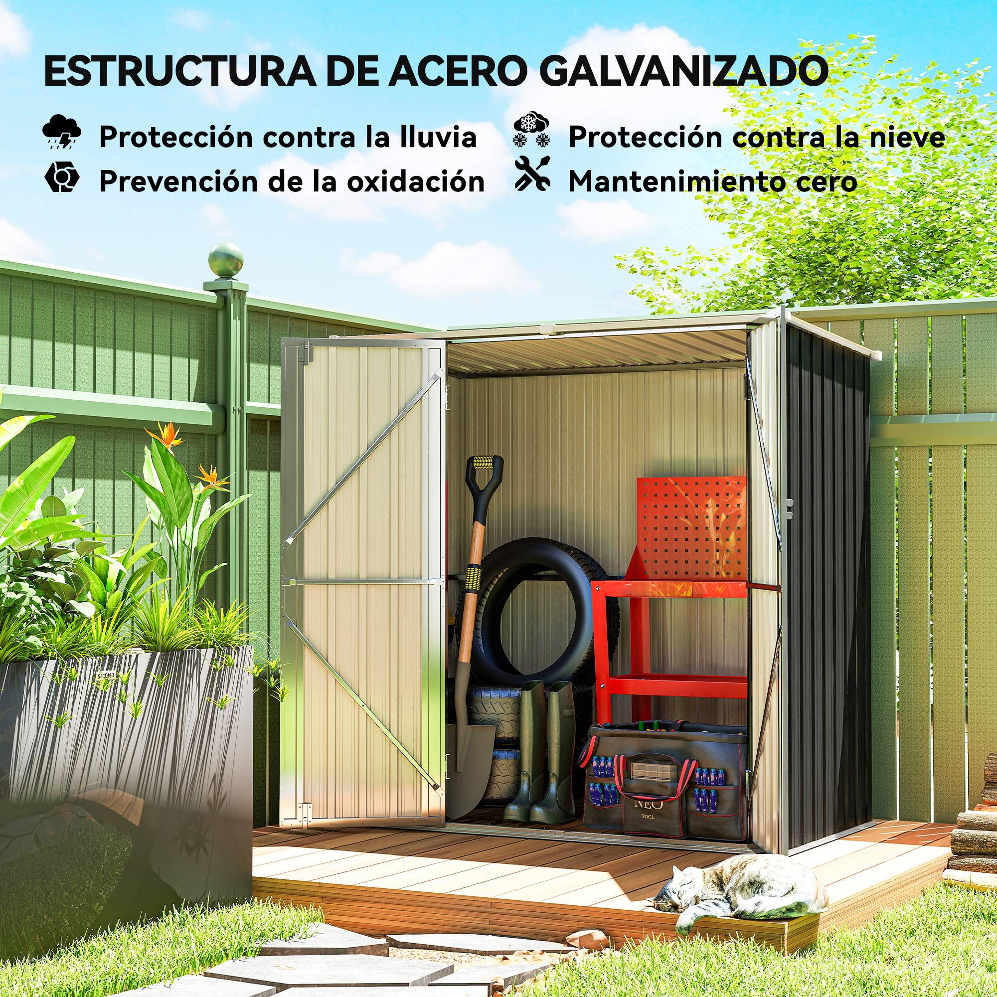 Abri de jardin extérieur en métal 1,37 m² (163 x 89 x 163 cm) avec toit incliné, portes avec loquets et poignées, gris - Image 6