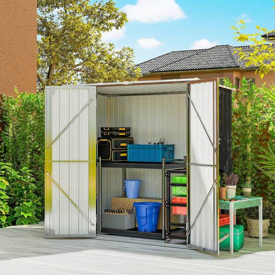 Abri de jardin extérieur en métal 1,37 m² (163 x 89 x 163 cm) avec toit incliné, portes avec loquets et poignées, gris - Image 4