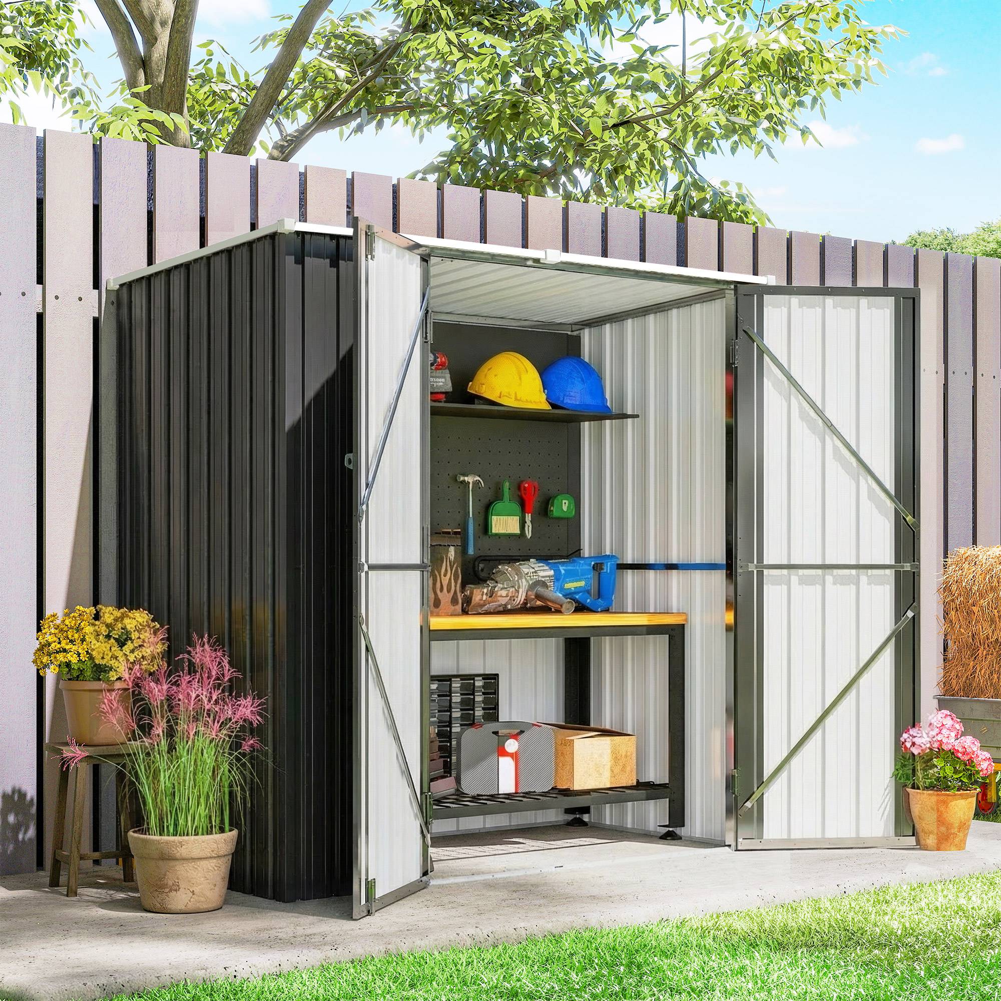 Abri de jardin extérieur en métal 1,37 m² (163 x 89 x 163 cm) avec toit incliné, portes avec loquets et poignées, gris - Image 10
