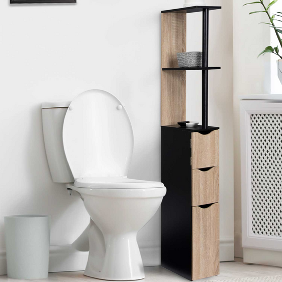 Meuble WC étagère WILLY bois 3 portes noir et hêtre - Image 1