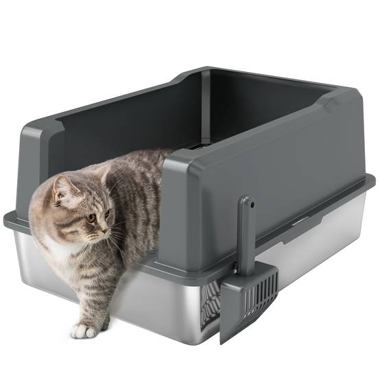 Bac à litière pour chat en acier inoxydable 85L grande capacité maison de toilette semi-fermée, 71 x 50,8 x 35,5 cm gris - Image 1