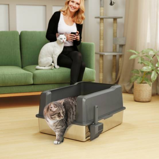 Bac à litière pour chat en acier inoxydable 85L grande capacité maison de toilette semi-fermée, 71 x 50,8 x 35,5 cm gris - Image 4