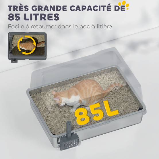 Bac à litière pour chat en acier inoxydable 85L grande capacité maison de toilette semi-fermée, 71 x 50,8 x 35,5 cm gris - Image 8