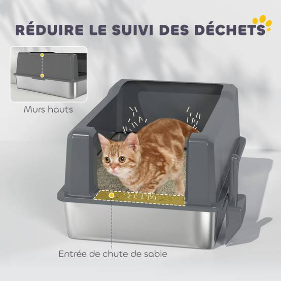 Bac à litière pour chat en acier inoxydable 85L grande capacité maison de toilette semi-fermée, 71 x 50,8 x 35,5 cm gris - Image 7