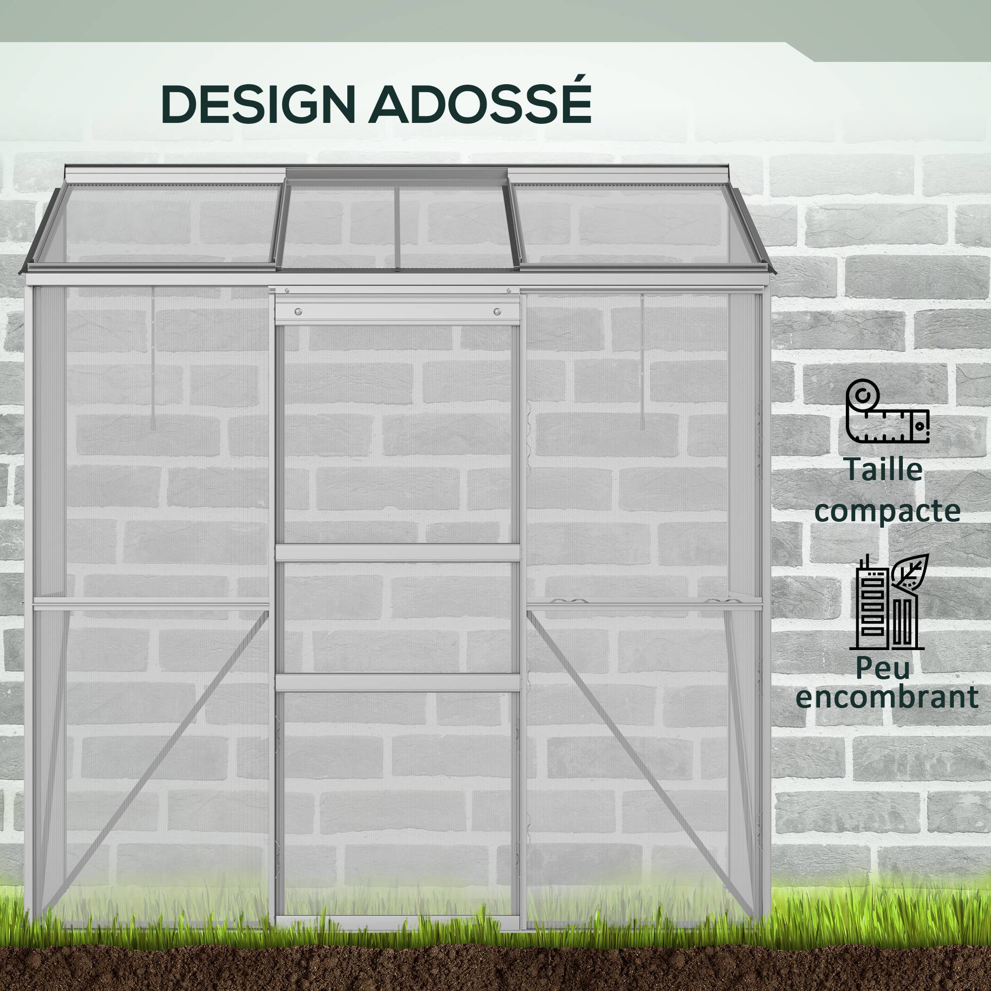 Serre Adossée Polycarbonate Aluminium 2 Fenêtres de Toit Porte Coulissante 1,9x0,7x2 m - ComfortXL Outdoor Living - Image 6
