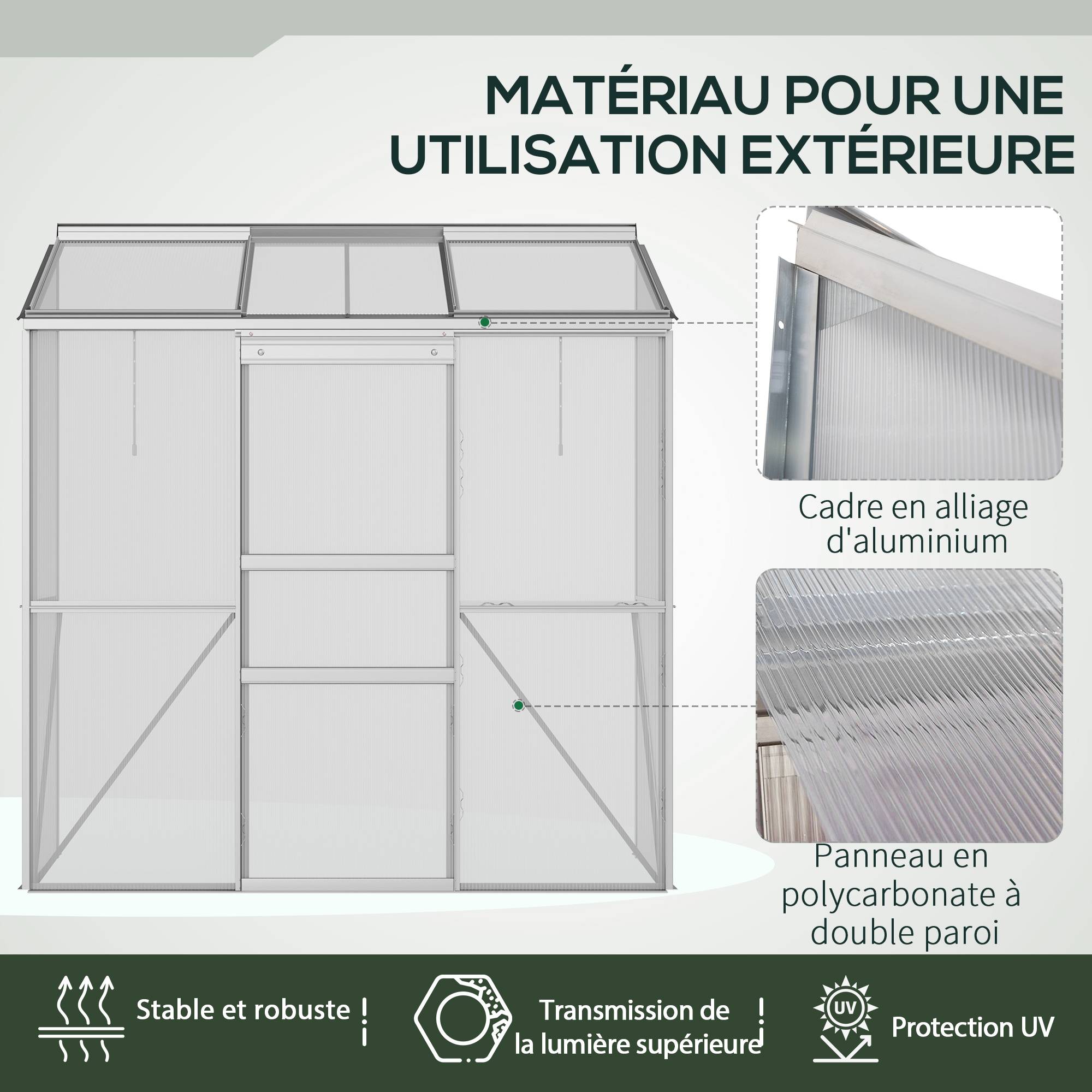 Serre Adossée Polycarbonate Aluminium 2 Fenêtres de Toit Porte Coulissante 1,9x0,7x2 m - ComfortXL Outdoor Living - Image 9