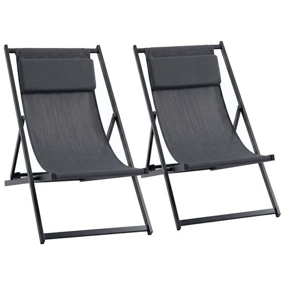 Ensemble de 2 chaises longues pliantes en aluminium avec dossier et appui-tête réglables sur 5 positions, 60 x 100 x 85 cm, gris - Image 2