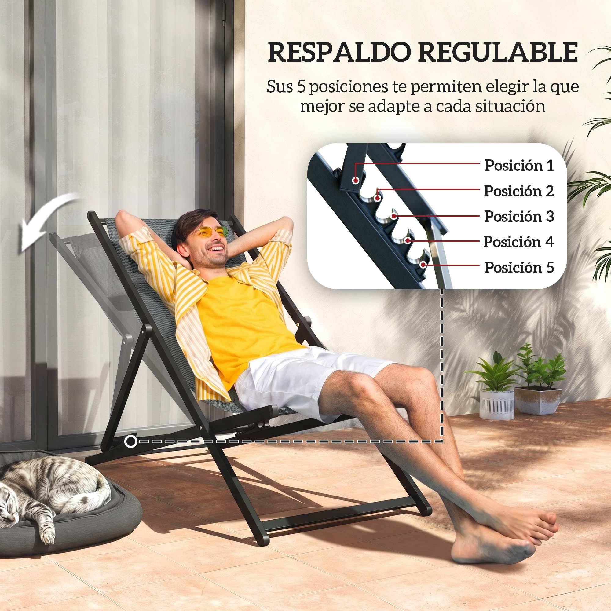 Ensemble de 2 chaises longues pliantes en aluminium avec dossier et appui-tête réglables sur 5 positions, 60 x 100 x 85 cm, gris - Image 7