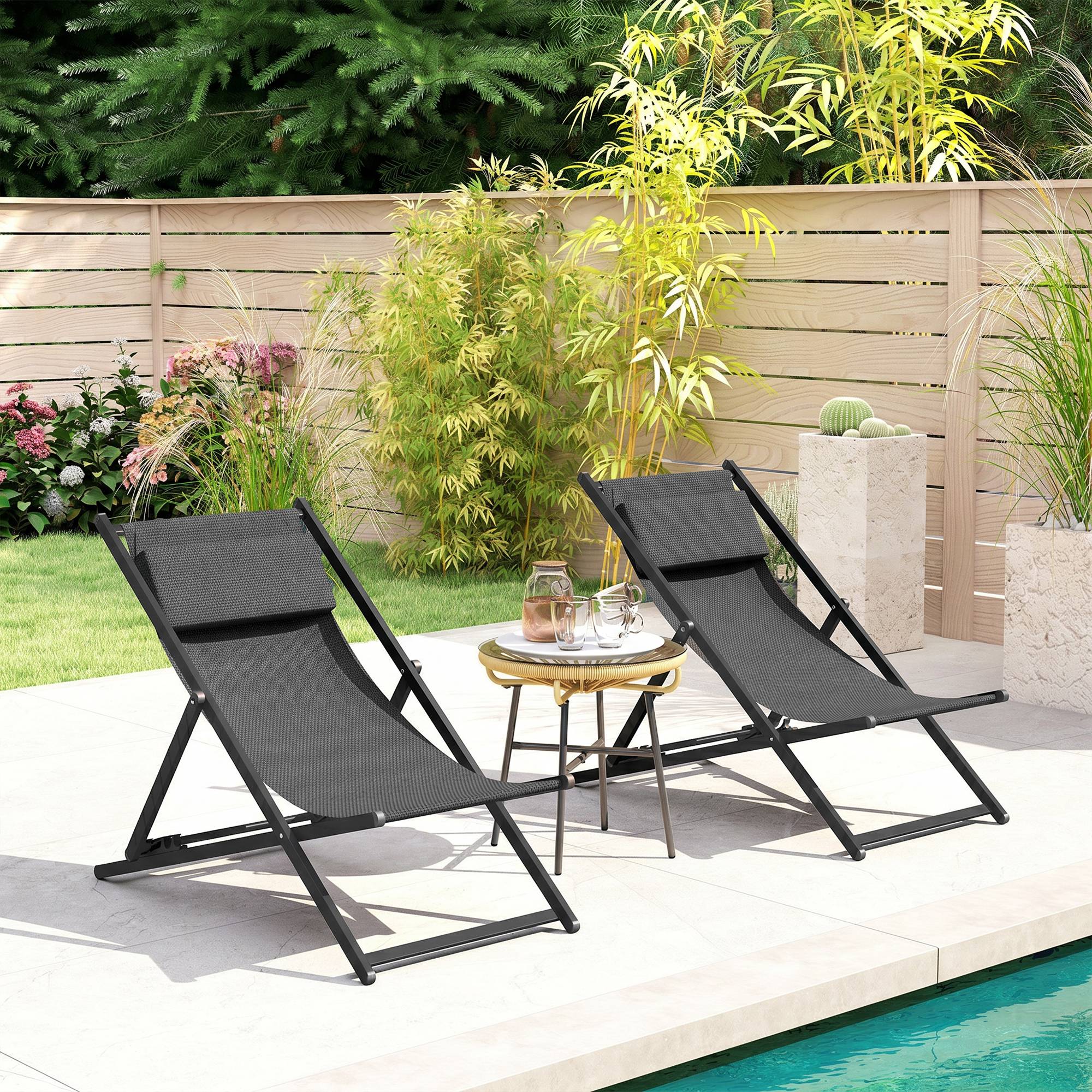 Ensemble de 2 chaises longues pliantes en aluminium avec dossier et appui-tête réglables sur 5 positions, 60 x 100 x 85 cm, gris - Image 4