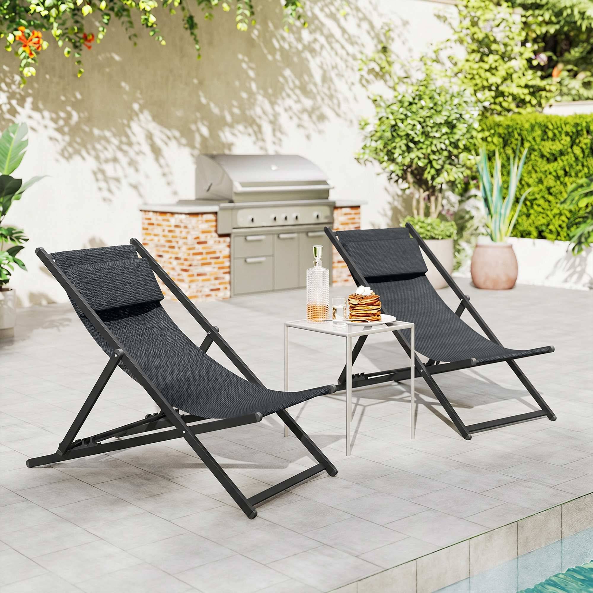 Ensemble de 2 chaises longues pliantes en aluminium avec dossier et appui-tête réglables sur 5 positions, 60 x 100 x 85 cm, gris - Image 10