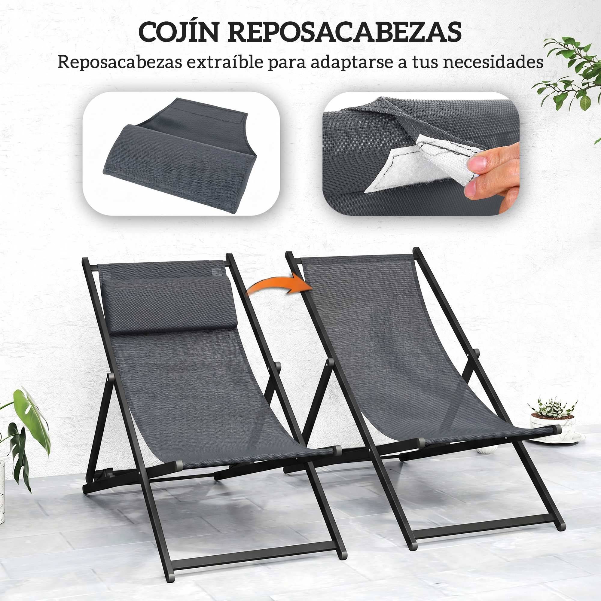 Ensemble de 2 chaises longues pliantes en aluminium avec dossier et appui-tête réglables sur 5 positions, 60 x 100 x 85 cm, gris - Image 9