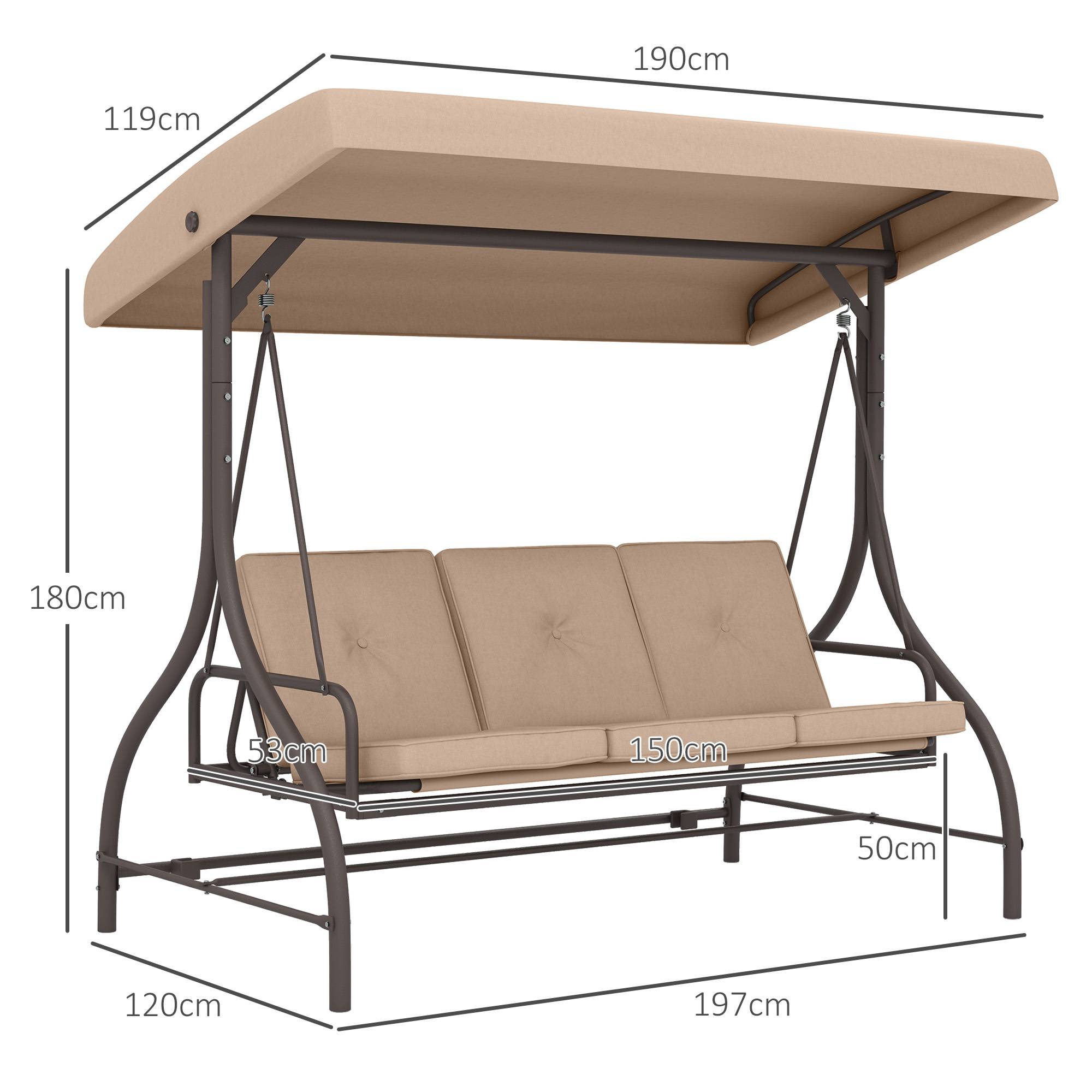 Outsunny - Balancelle de jardin convertible 3 places avec coussins métal polyester kaki - Outsunny - Image 3