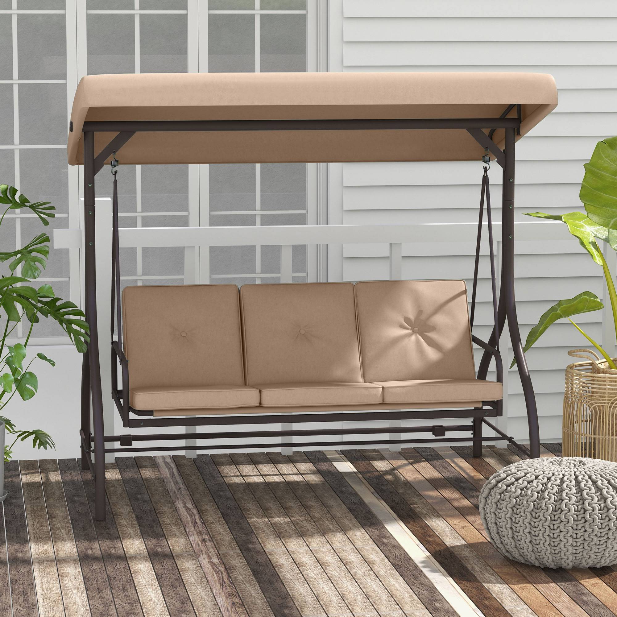 Outsunny - Balancelle de jardin convertible 3 places avec coussins métal polyester kaki - Outsunny - Image 2