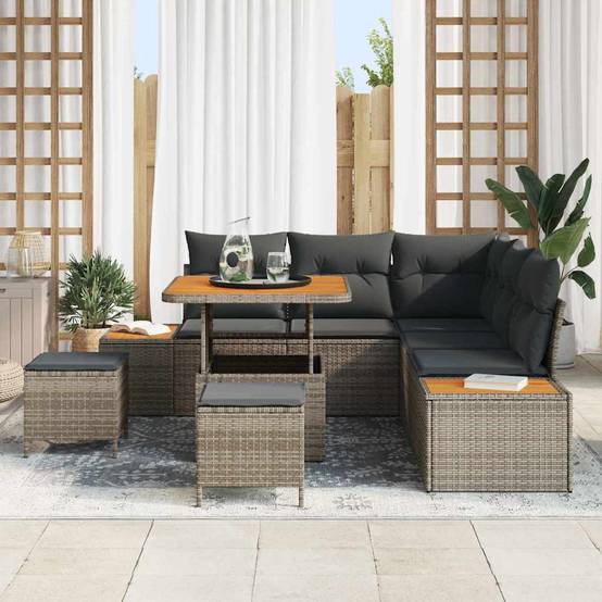 Salon Bas avec Repose-Pieds 8 Pcs Polyrotin & Acacia 7 Places Table Haute pour Dîners et Détente Gris – ComfortXL Outdoor Living - Image 3