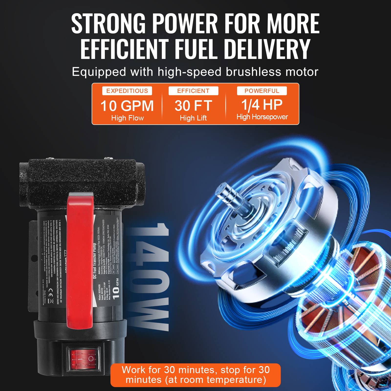 VEVOR Pompe portable 12V CC, haut débit 37.8L/min, buse et tuyaux pour diesel/kérosène. - Image 5