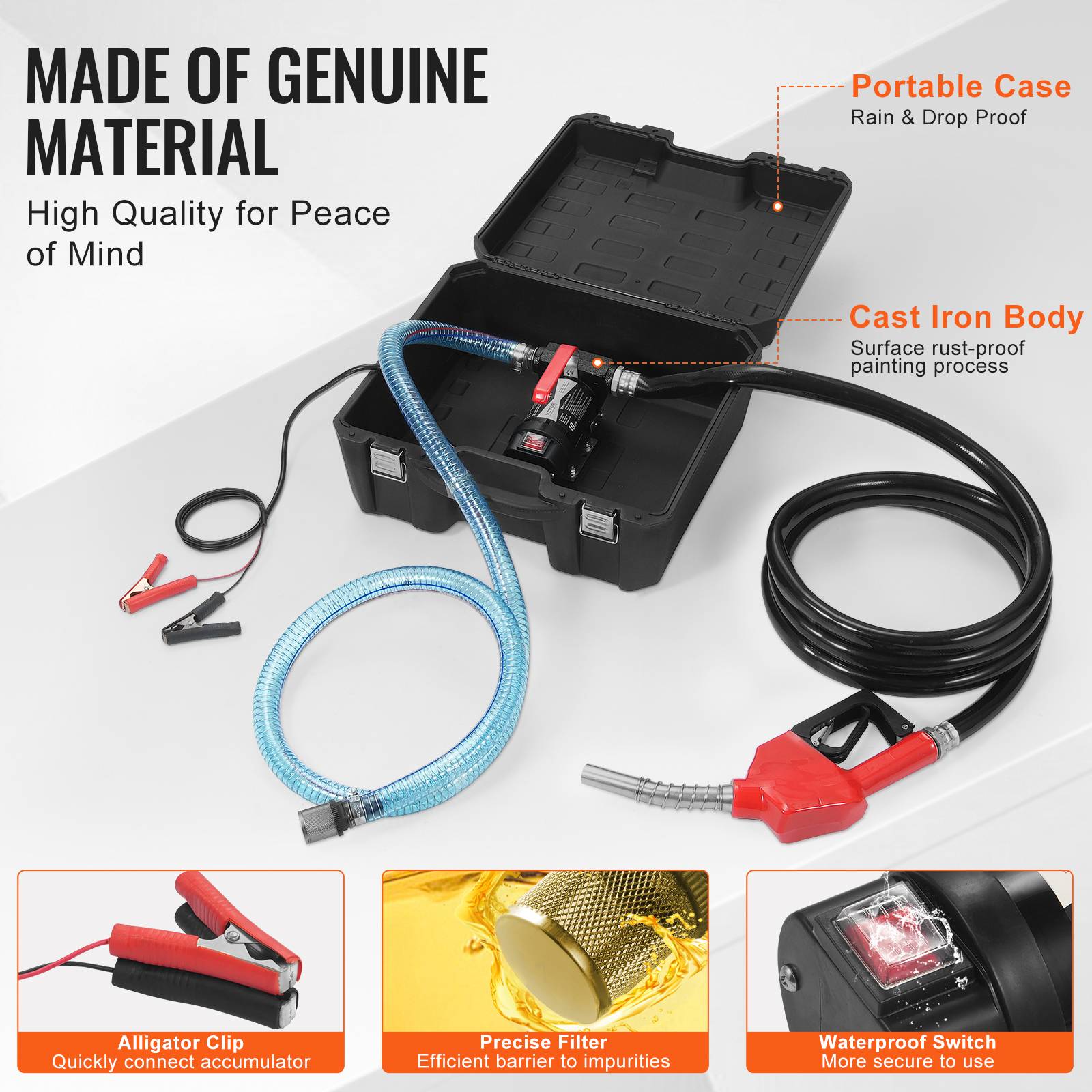 VEVOR Pompe portable 12V CC, haut débit 37.8L/min, buse et tuyaux pour diesel/kérosène. - Image 6