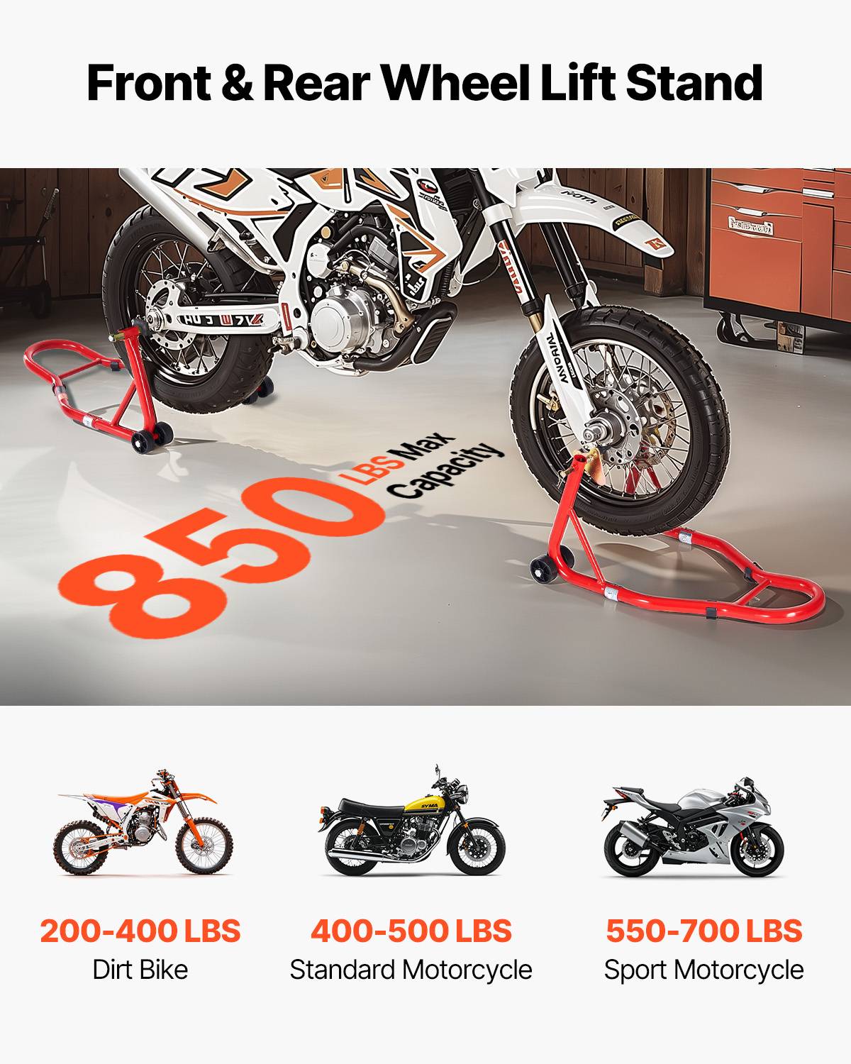 VEVOR Béquille Roue Avant et Arrière Lève-moto Capacité 385,6 kg Bras Oscillant - Image 3