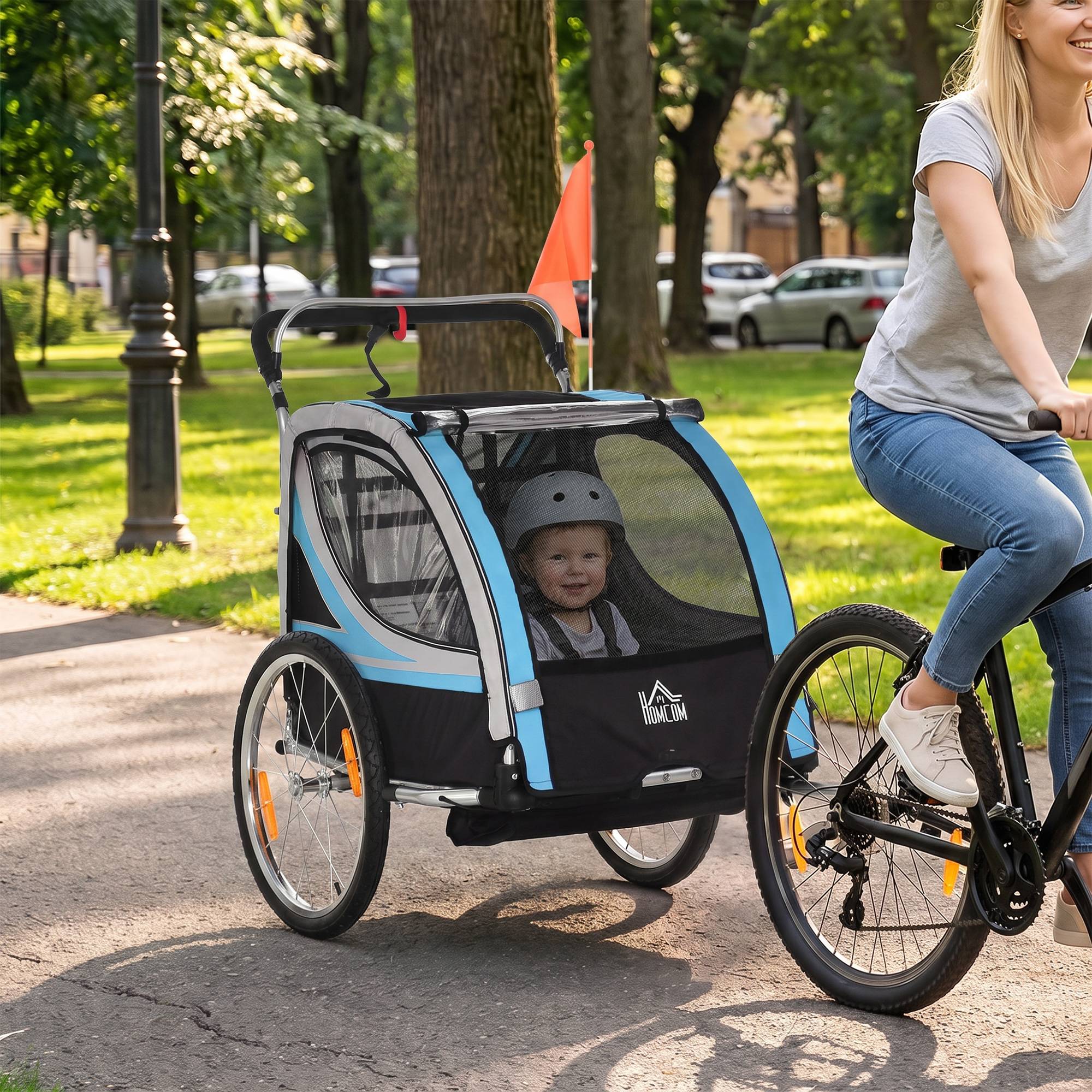 Sans Marque - Remorque vélo/poussette 2 en 1 enfants ceinture poches drapeau bleue - Image 3