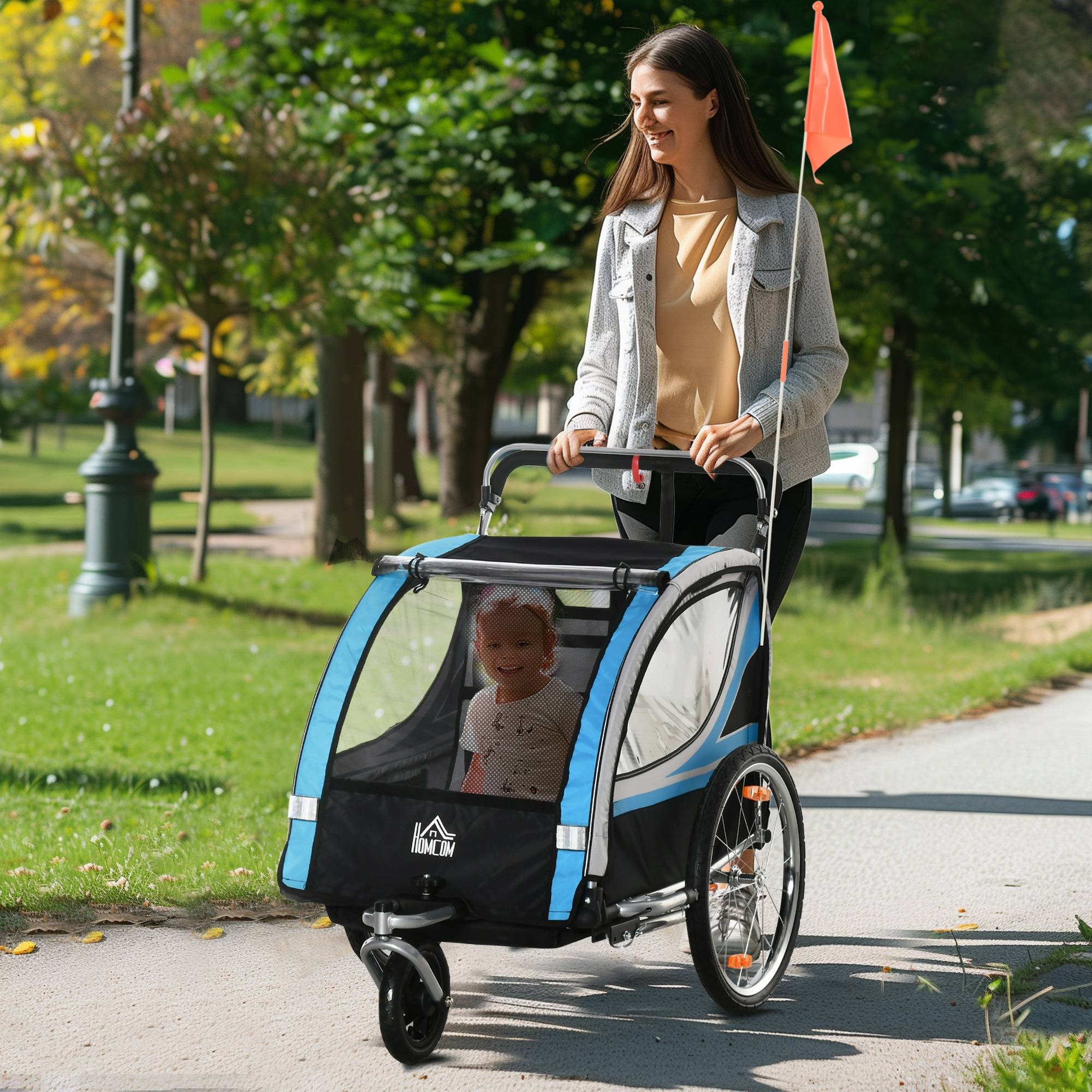 Sans Marque - Remorque vélo/poussette 2 en 1 enfants ceinture poches drapeau bleue - Image 4
