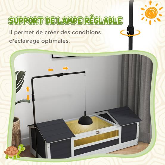 Maison tortue terrestre extérieure enclos tortue 2 niches support de lampe réglable bois massif 120 x 56,5 x 43 cm gris - Image 7