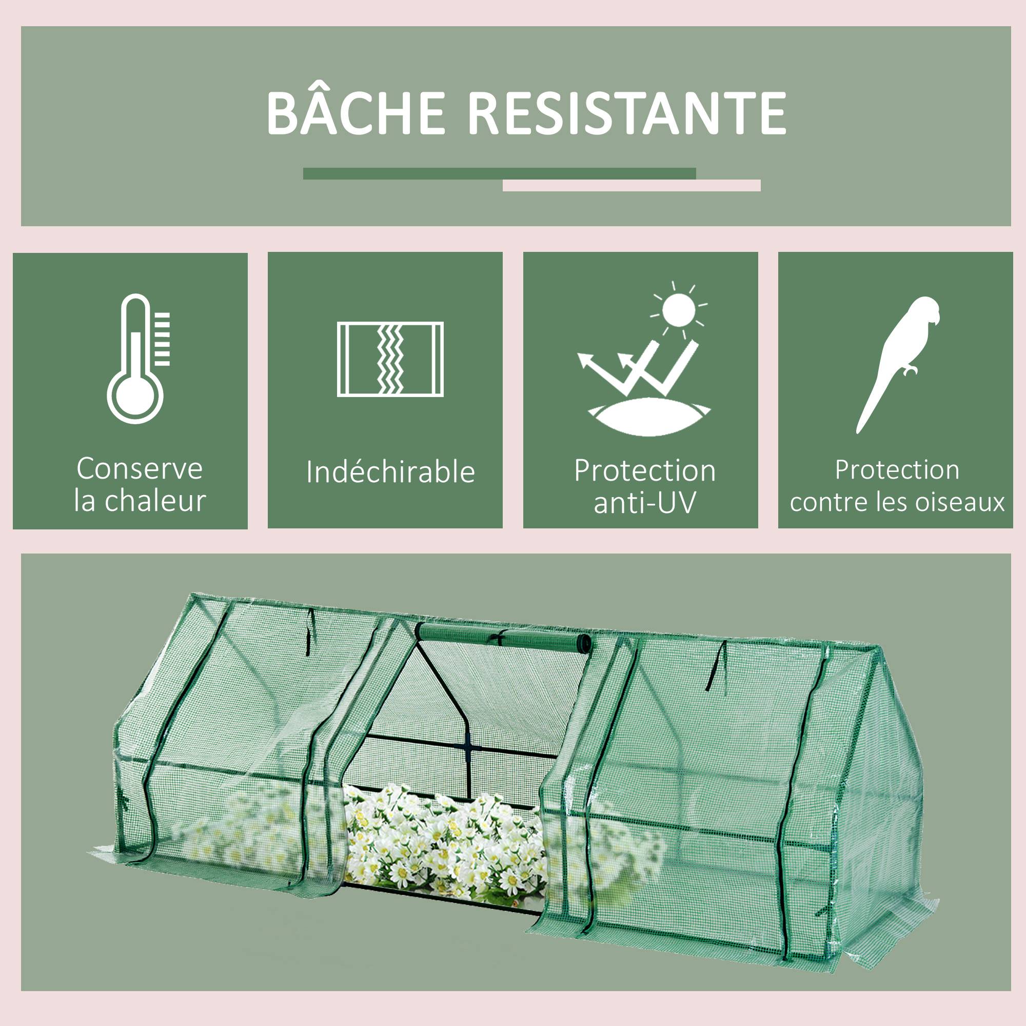 Mini serre tunnel acier PE pour tomates protection gelée 270x90cm Vert - ComfortXL Outdoor Living - Image 6