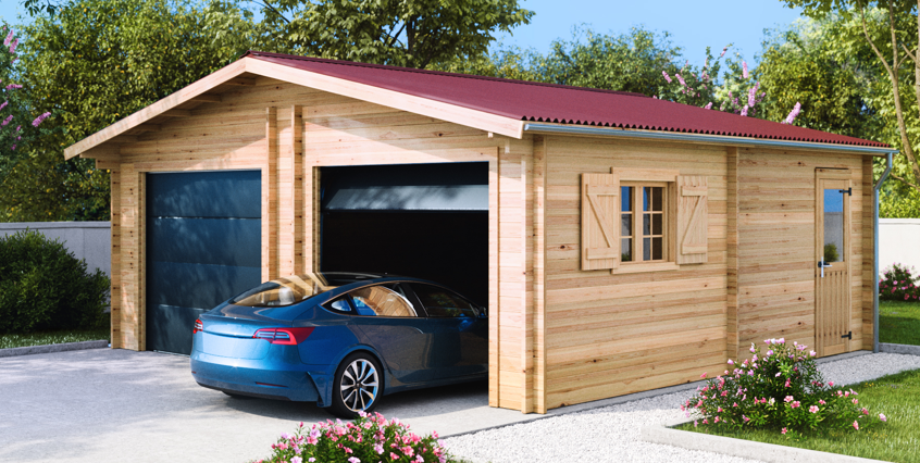 Habrita - Garage double Madriers bois massif double rainurage - 42 mm - 42,16 m2 - Porte de garage sectionnelle motorisée - Image 1