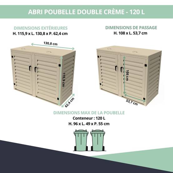 Cache Poubelle Extérieur Double en Aluminium thermolaqué - Abri pour 2 conteneurs 120 Litres – Crème RAL 1015 - Image 3