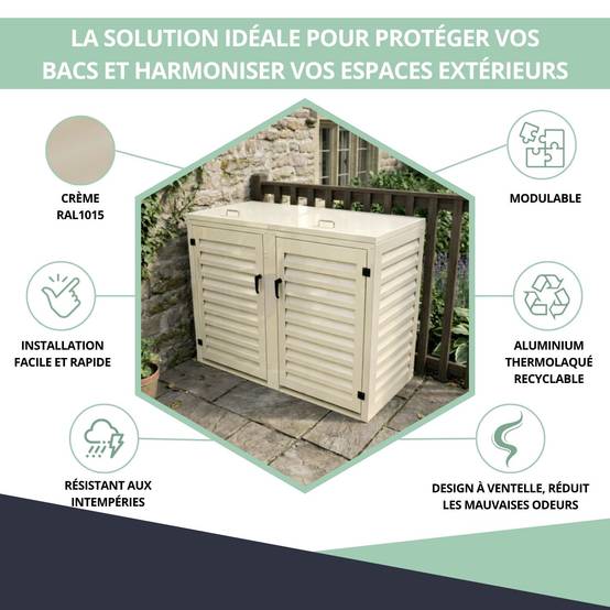 Cache Poubelle Extérieur Double en Aluminium thermolaqué - Abri pour 2 conteneurs 120 Litres – Crème RAL 1015 - Image 2