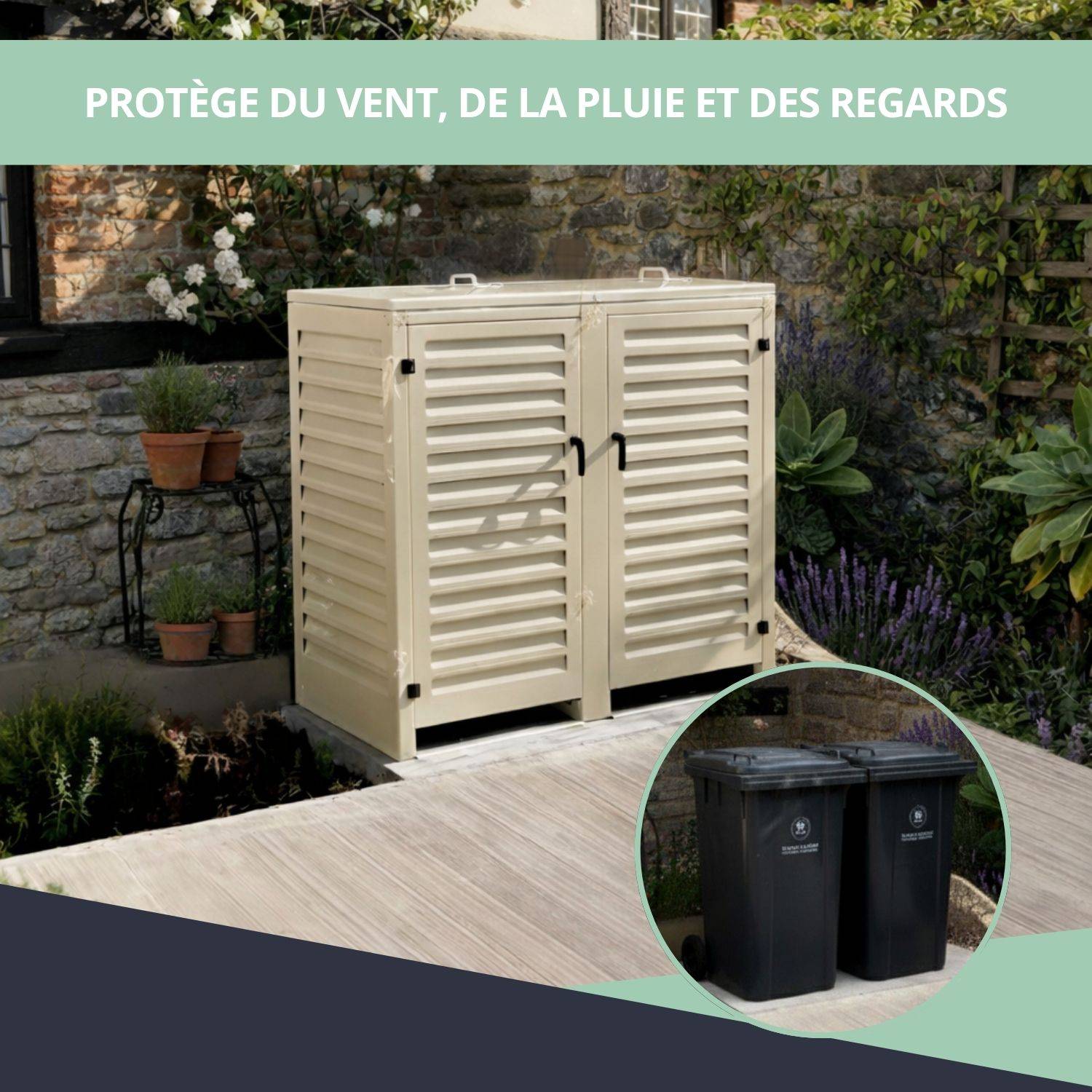Cache Poubelle Extérieur Double en Aluminium thermolaqué - Abri pour 2 conteneurs 120 Litres – Crème RAL 1015 - Image 4