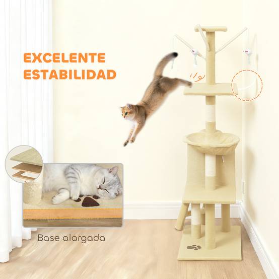 Arbre à chat à griffer, 134 cm de haut, avec 6 poteaux, 3 plateformes, une grotte, un hamac, une échelle et 4 jouets suspendus, beige - Image 8