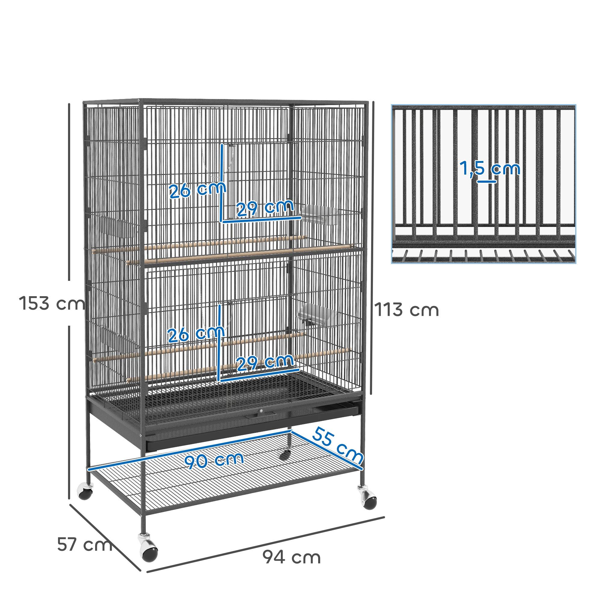 Cage à oiseaux avec perchoirs, jouets, bac extractible et rangement, gris - Image 5