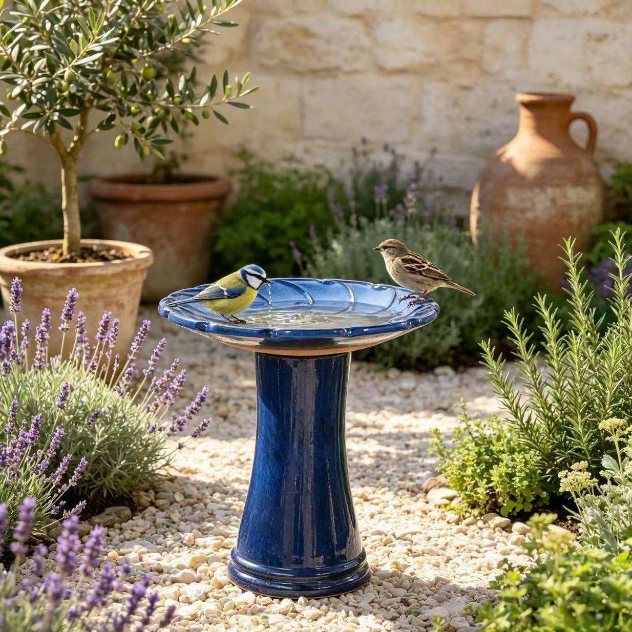 ComfortXL - Bain d’oiseaux en grès Ø 43 x H 45 cm bleu royal pour jardin terrasse abreuvoir décoratif - ComfortXL Outdoor Living - Image 4